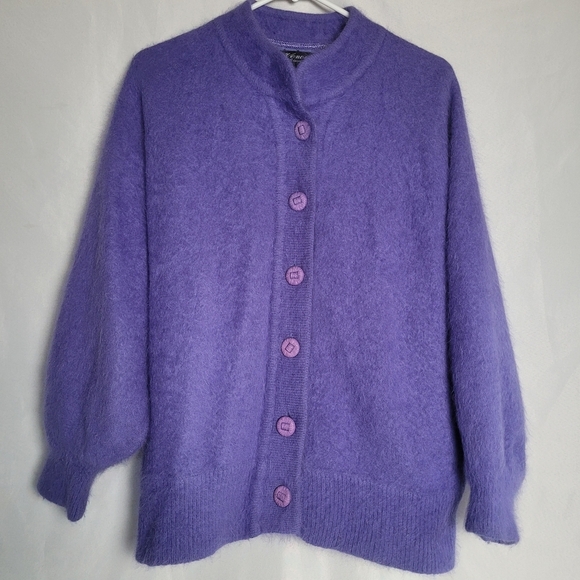 Vintage Venesha Angora Purple Button Up Cardigan Sweater Lined Women's Size M - Picture 1 of 10